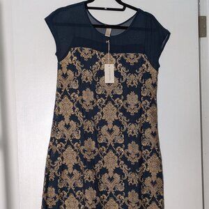 Sundance Angelica Dress Navy Gold/Tan Embroidered Knee-length Shift Dress PXS